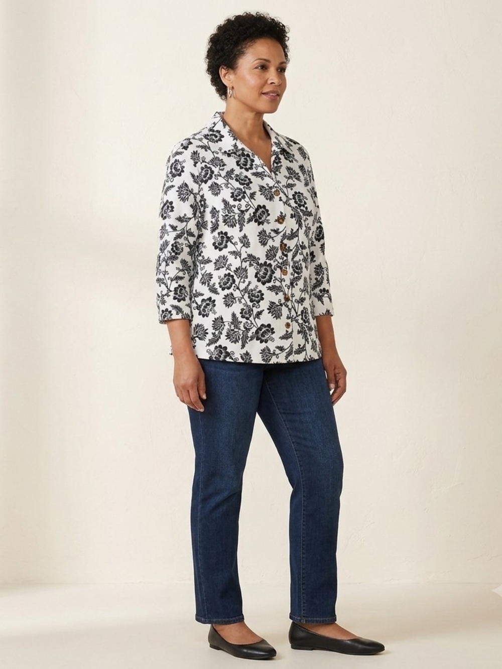 Croft & Barrow Plus Size XL Black White Floral Button-Up Stretch Top 3/4 Sleeve